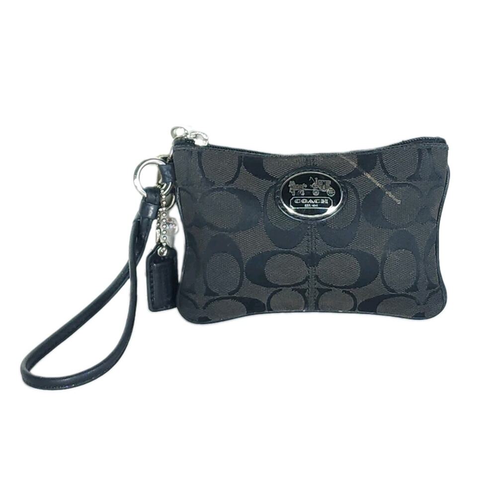 Coach Signature Black/Brown Canvas Leather C Monogram Small Pouch Wristlet